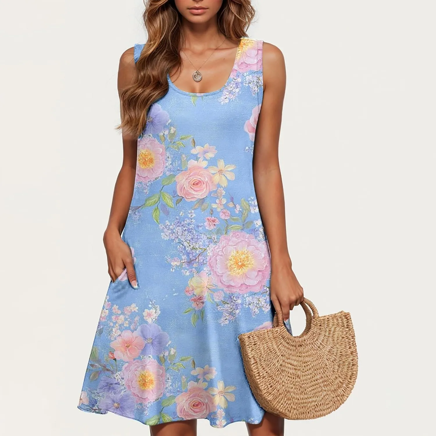 Women's Beach Dresses Trendy Swimsuit Cover Ups Sleeveless Vacation Dresses Floral Swing Mini Dress Flowy Dresses