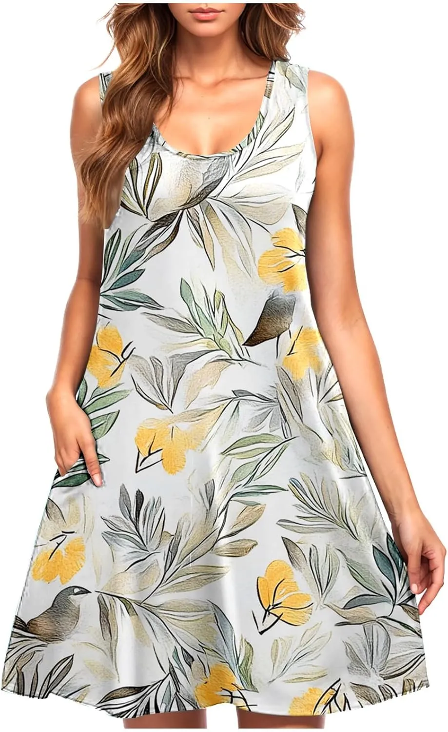 Womens Beach Dresses Trendy Swimsuit Cover Ups Sleeveless Vacation Dresses Floral Swing Mini Dress Flowy Dresses