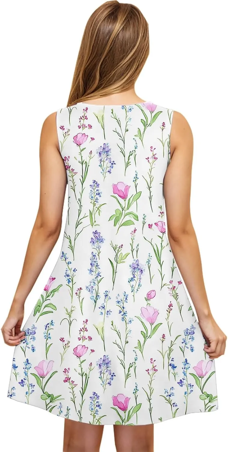 Women's Beach Dresses Trendy Swimsuit Cover Ups Sleeveless Vacation Dresses Floral Swing Mini Dress Flowy Dresses
