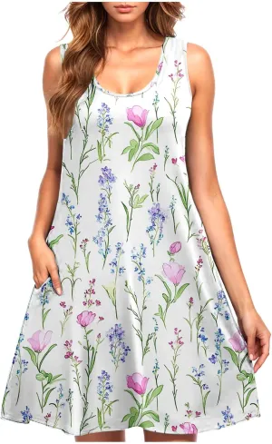 Women's Beach Dresses Trendy Swimsuit Cover Ups Sleeveless Vacation Dresses Floral Swing Mini Dress Flowy Dresses