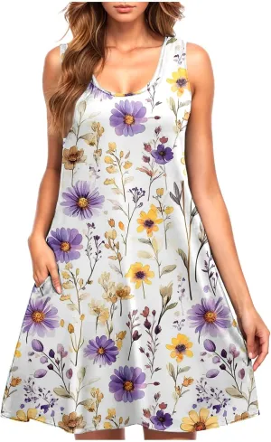 Women's Beach Dresses Trendy Swimsuit Cover Ups Sleeveless Vacation Dresses Floral Swing Mini Dress Flowy Dresses