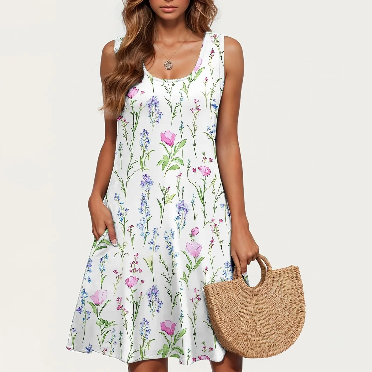 Women's Beach Dresses Trendy Swimsuit Cover Ups Sleeveless Vacation Dresses Floral Swing Mini Dress Flowy Dresses