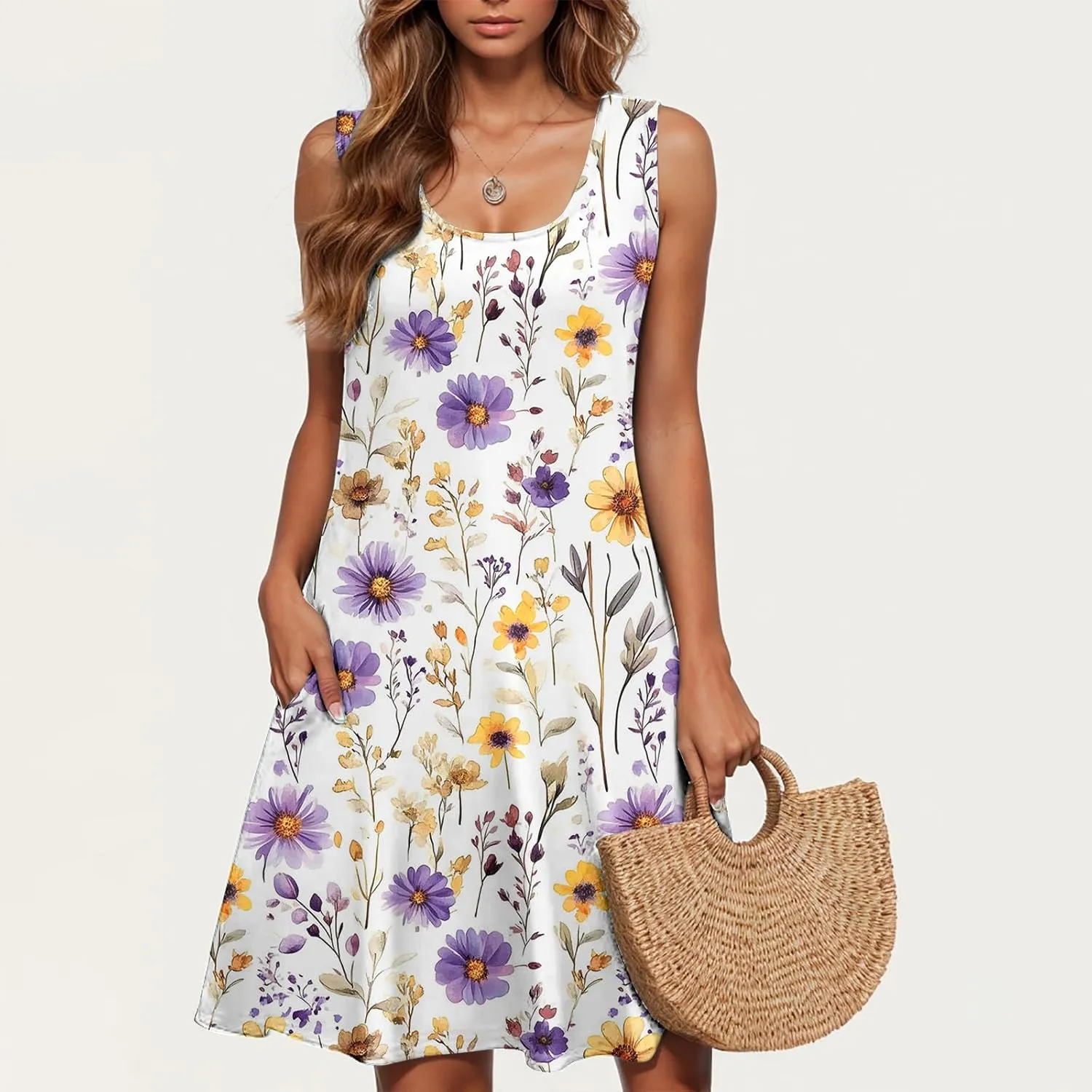 Women's Beach Dresses Trendy Swimsuit Cover Ups Sleeveless Vacation Dresses Floral Swing Mini Dress Flowy Dresses
