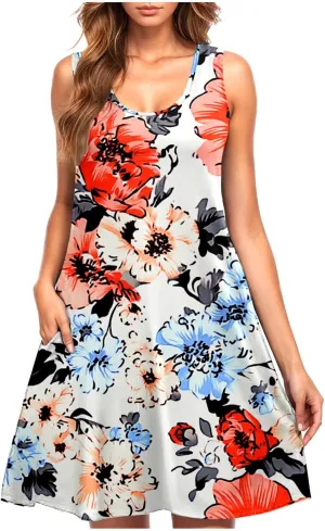Womens Beach Dresses Trendy Swimsuit Cover Ups Sleeveless Vacation Dresses Floral Swing Mini Dress Flowy Dresses