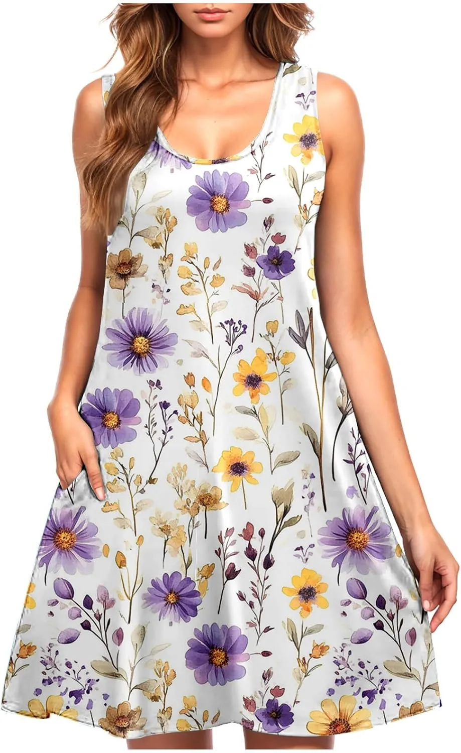 Women's Beach Dresses Trendy Swimsuit Cover Ups Sleeveless Vacation Dresses Floral Swing Mini Dress Flowy Dresses