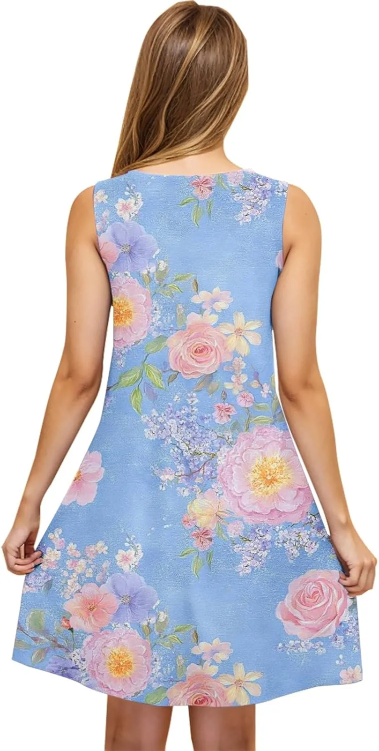 Women's Beach Dresses Trendy Swimsuit Cover Ups Sleeveless Vacation Dresses Floral Swing Mini Dress Flowy Dresses