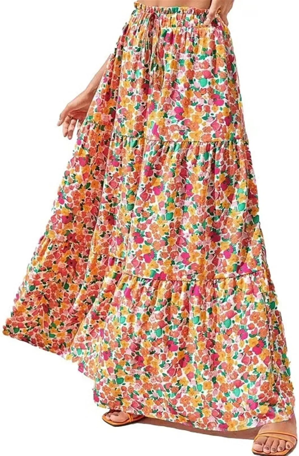 Women's Bohemian Long Skirts Flowy High Waist A Line Maxi Skirts for Women Summer Pleated Mini Skirts