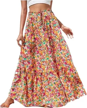 Women's Bohemian Long Skirts Flowy High Waist A Line Maxi Skirts for Women Summer Pleated Mini Skirts