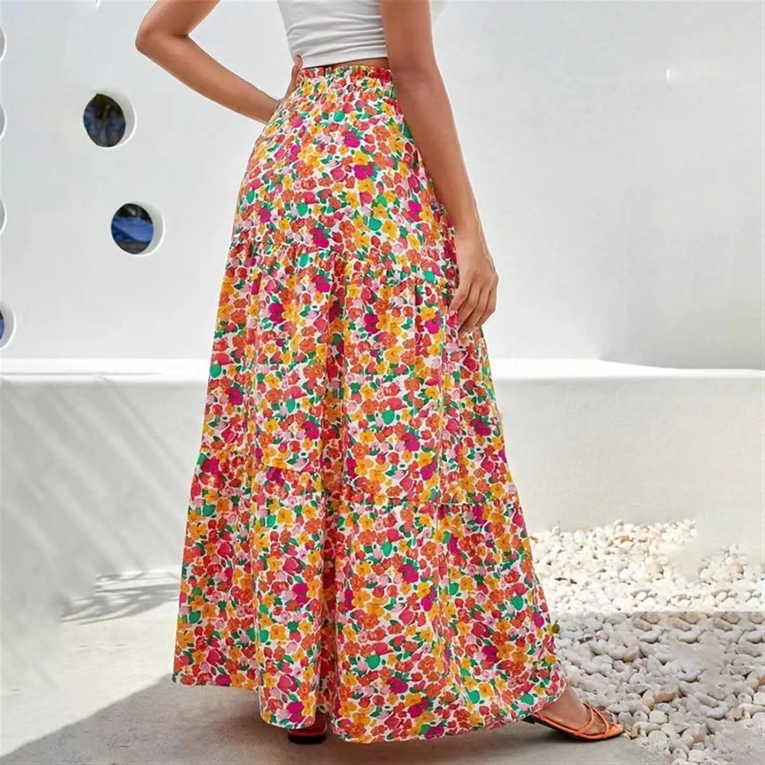 Women's Bohemian Long Skirts Flowy High Waist A Line Maxi Skirts for Women Summer Pleated Mini Skirts