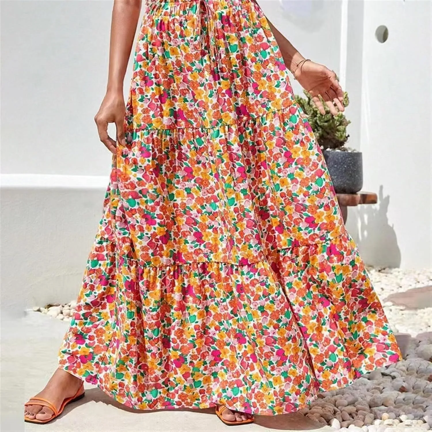 Women's Bohemian Long Skirts Flowy High Waist A Line Maxi Skirts for Women Summer Pleated Mini Skirts