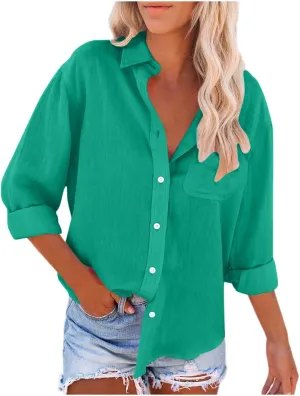 Womens Button Down Shirts Summer Long Sleeve Rolled Cotton Linen Tees Casual V Neck Collared Dressy Tops with Pocket