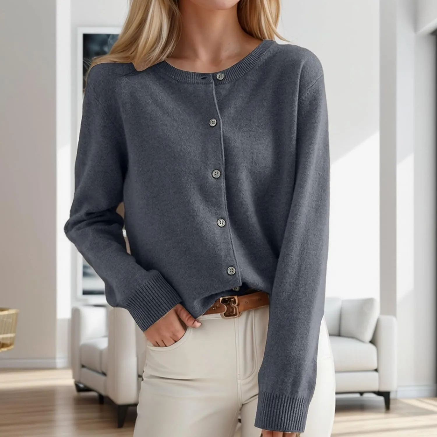 Womens Cardigan Slim Fit Long Sleeve Open Front Button Down Crop Top Cardigans Sweater Solid Color Knit Jacket Coats