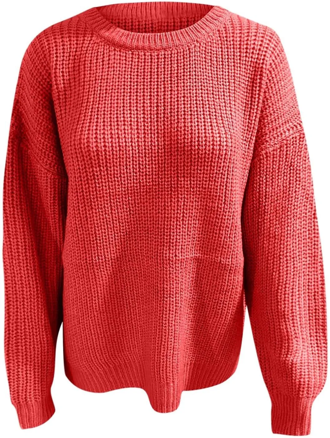 Womens Casual Long Sleeve Pullover Sweaters Solid Crew Neck Striped Ribbed Knitted Loose Jumper Tops Plus Size
