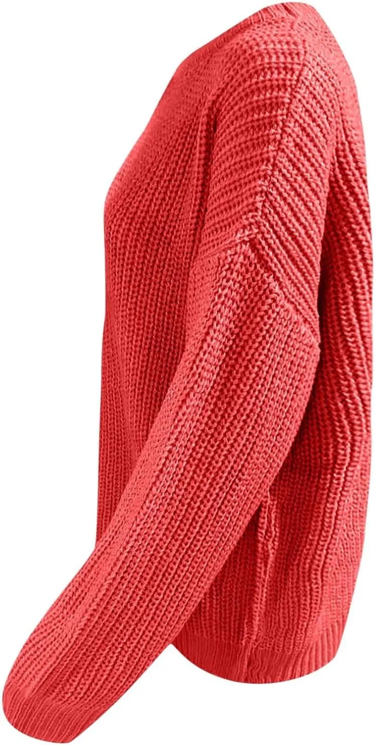 Womens Casual Long Sleeve Pullover Sweaters Solid Crew Neck Striped Ribbed Knitted Loose Jumper Tops Plus Size