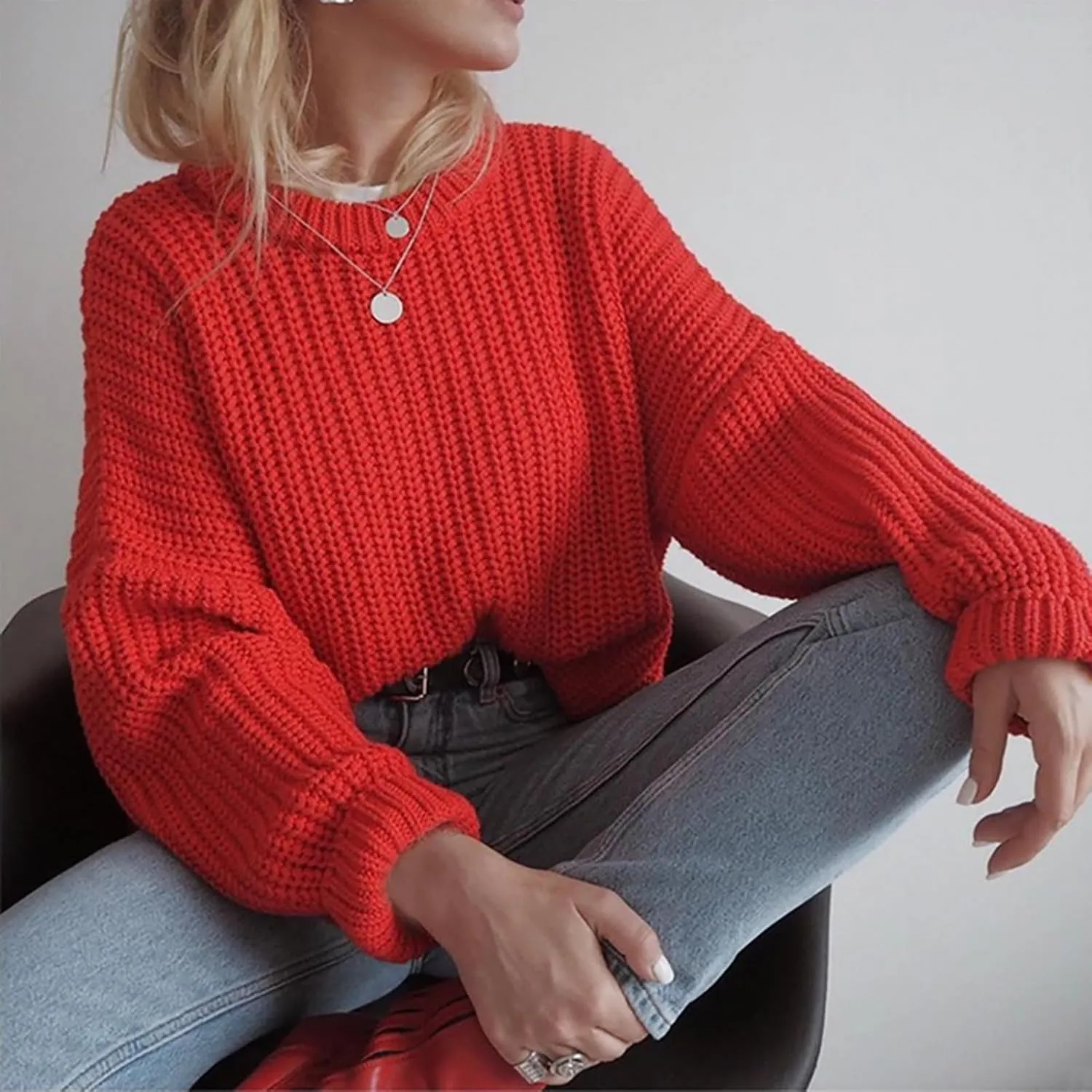 Womens Casual Long Sleeve Pullover Sweaters Solid Crew Neck Striped Ribbed Knitted Loose Jumper Tops Plus Size