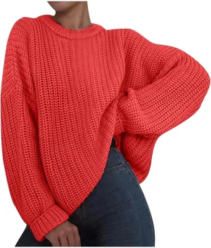 Womens Casual Long Sleeve Pullover Sweaters Solid Crew Neck Striped Ribbed Knitted Loose Jumper Tops Plus Size