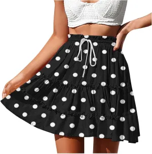 Women's Casual Summer Skirts High Waist Pleated Skirts A-Line Flowy Swing Tiered Skirt Polka Dots Beach Skirt