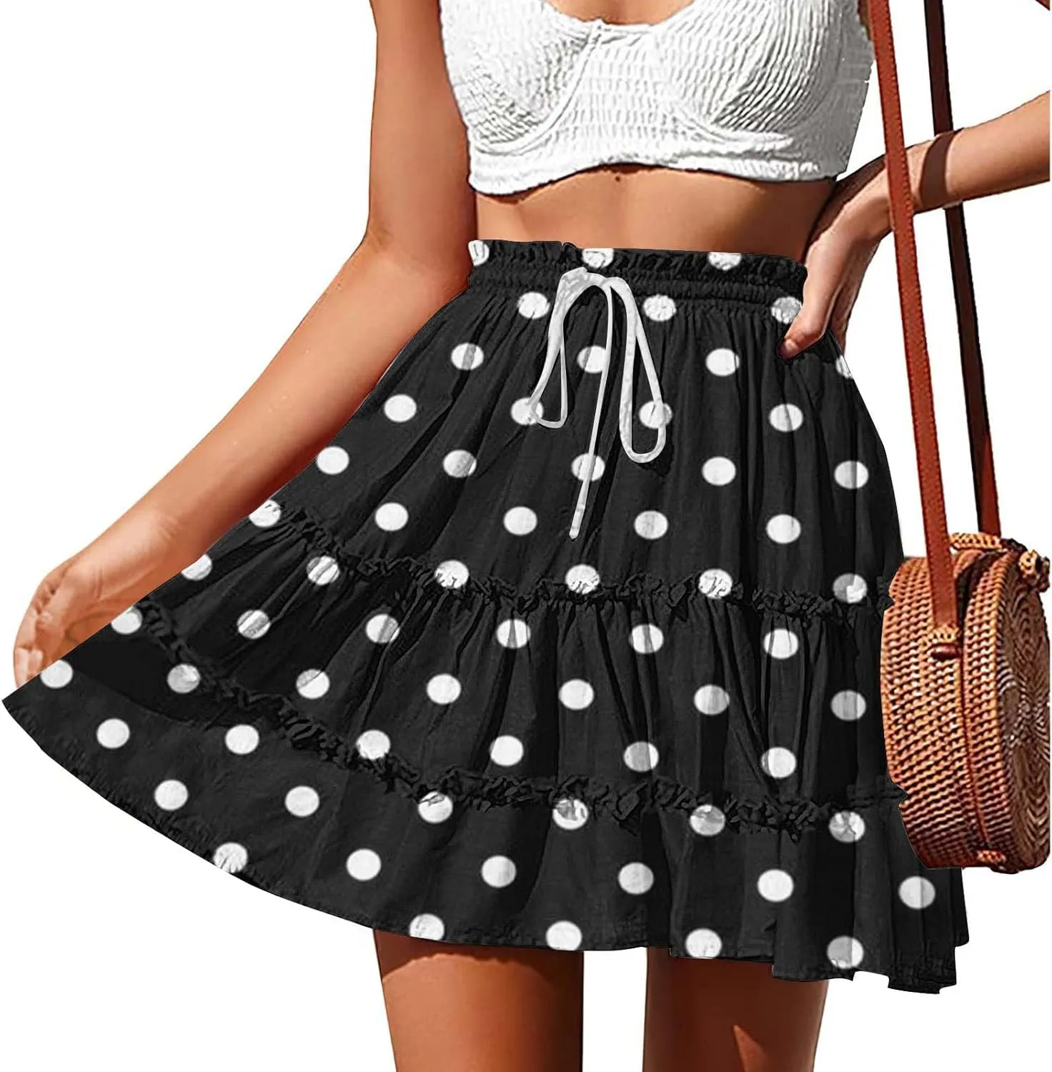 Women's Casual Summer Skirts High Waist Pleated Skirts A-Line Flowy Swing Tiered Skirt Polka Dots Beach Skirt