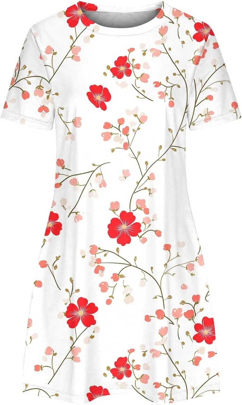 Women's Casual Tshirt Dress Fashion Floral Print Round Neck Short Sleeve Loose Dresses Summer Lightweight Loungewear