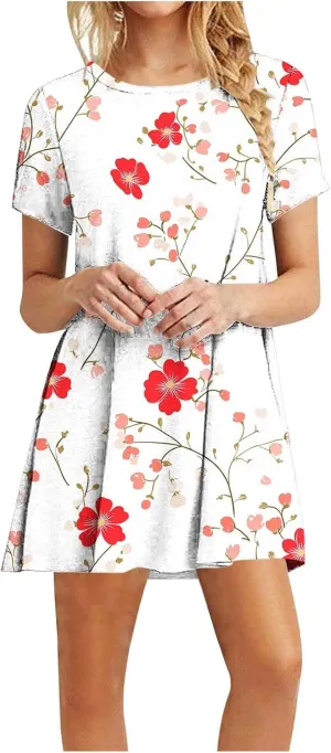 Women's Casual Tshirt Dress Fashion Floral Print Round Neck Short Sleeve Loose Dresses Summer Lightweight Loungewear