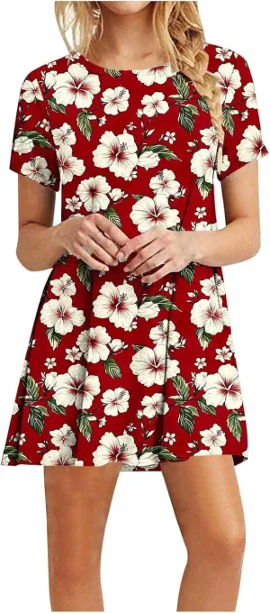 Women's Casual Tshirt Dress Fashion Floral Print Round Neck Short Sleeve Loose Dresses Summer Lightweight Loungewear