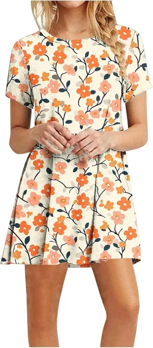 Women's Casual Tshirt Dress Fashion Floral Print Round Neck Short Sleeve Loose Dresses Summer Lightweight Loungewear