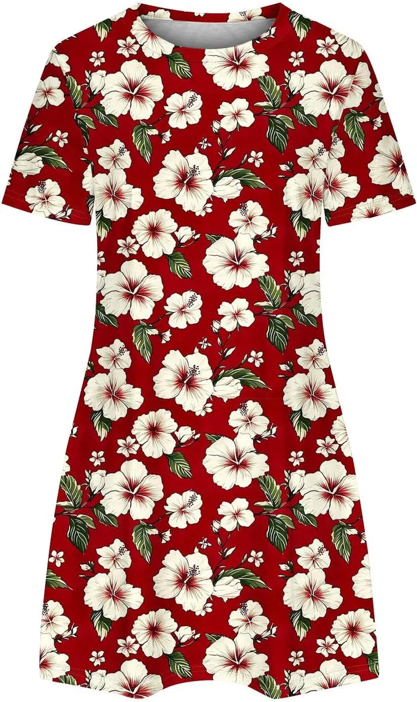Women's Casual Tshirt Dress Fashion Floral Print Round Neck Short Sleeve Loose Dresses Summer Lightweight Loungewear
