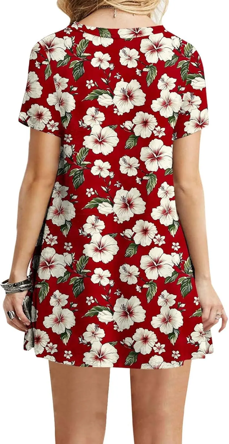 Women's Casual Tshirt Dress Fashion Floral Print Round Neck Short Sleeve Loose Dresses Summer Lightweight Loungewear
