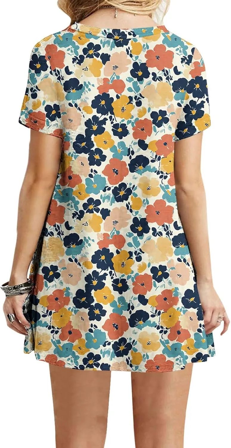 Women's Casual Tshirt Dress Fashion Floral Print Round Neck Short Sleeve Loose Dresses Summer Lightweight Loungewear