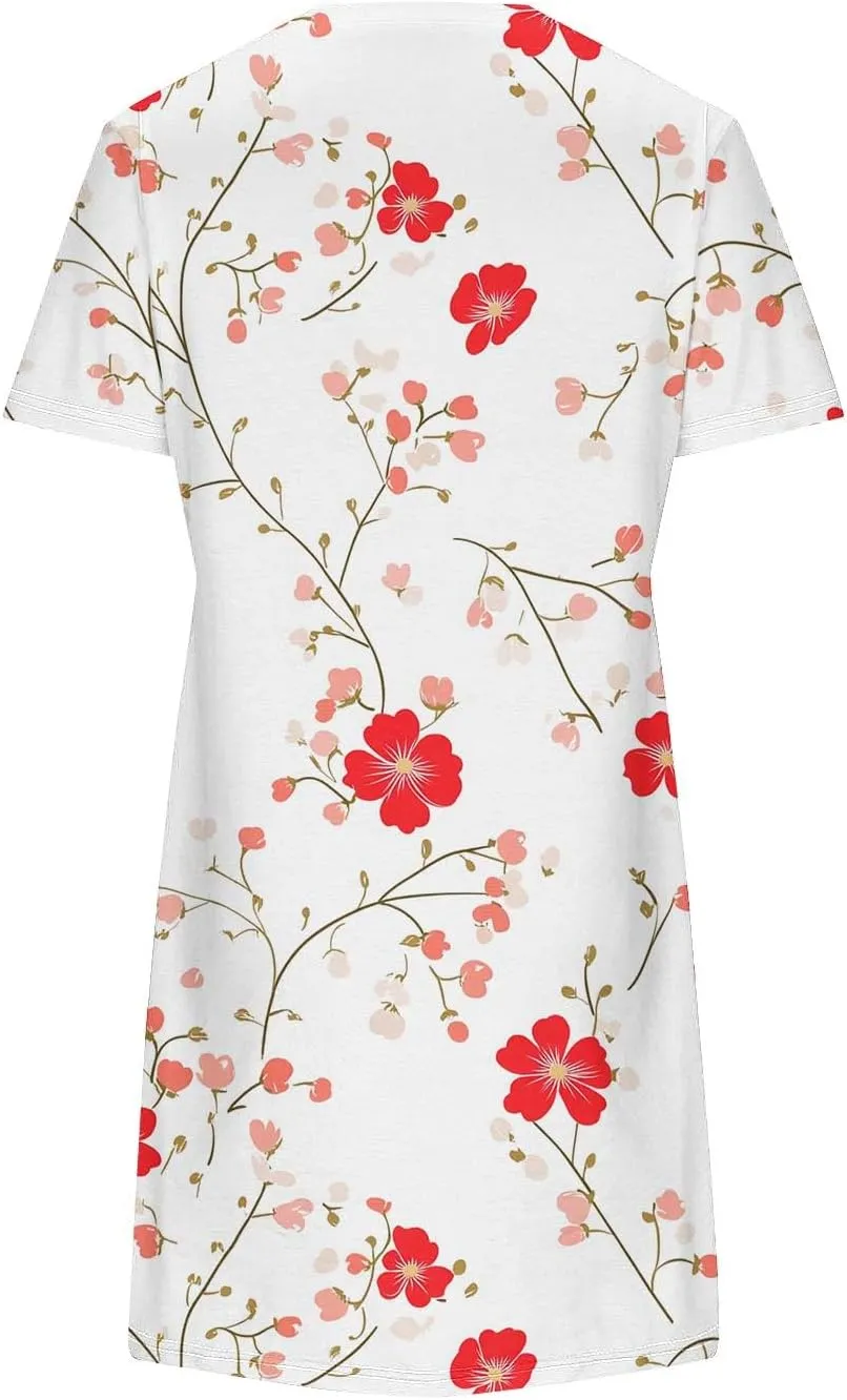 Women's Casual Tshirt Dress Fashion Floral Print Round Neck Short Sleeve Loose Dresses Summer Lightweight Loungewear
