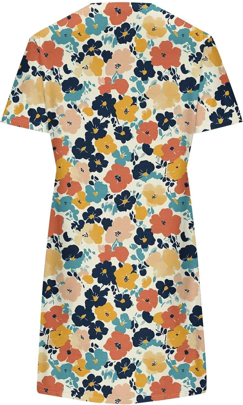 Women's Casual Tshirt Dress Fashion Floral Print Round Neck Short Sleeve Loose Dresses Summer Lightweight Loungewear