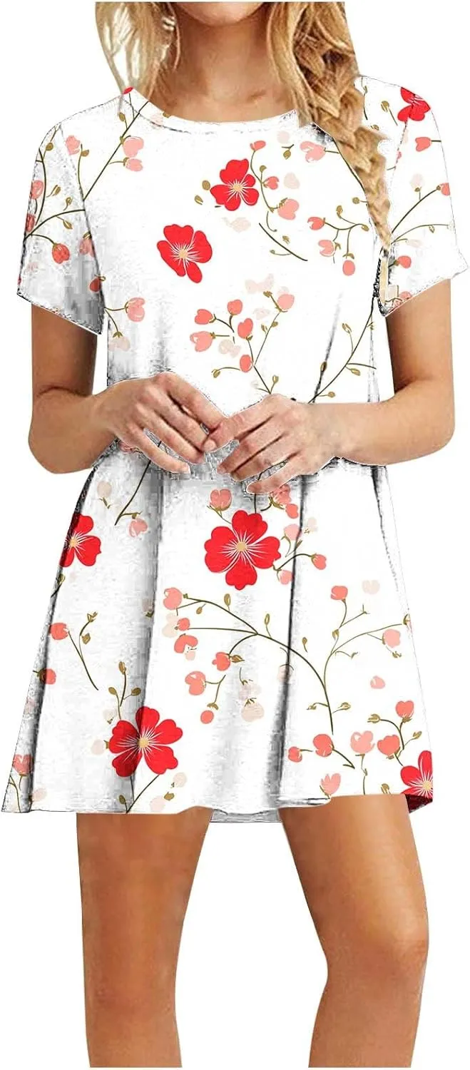 Women's Casual Tshirt Dress Fashion Floral Print Round Neck Short Sleeve Loose Dresses Summer Lightweight Loungewear