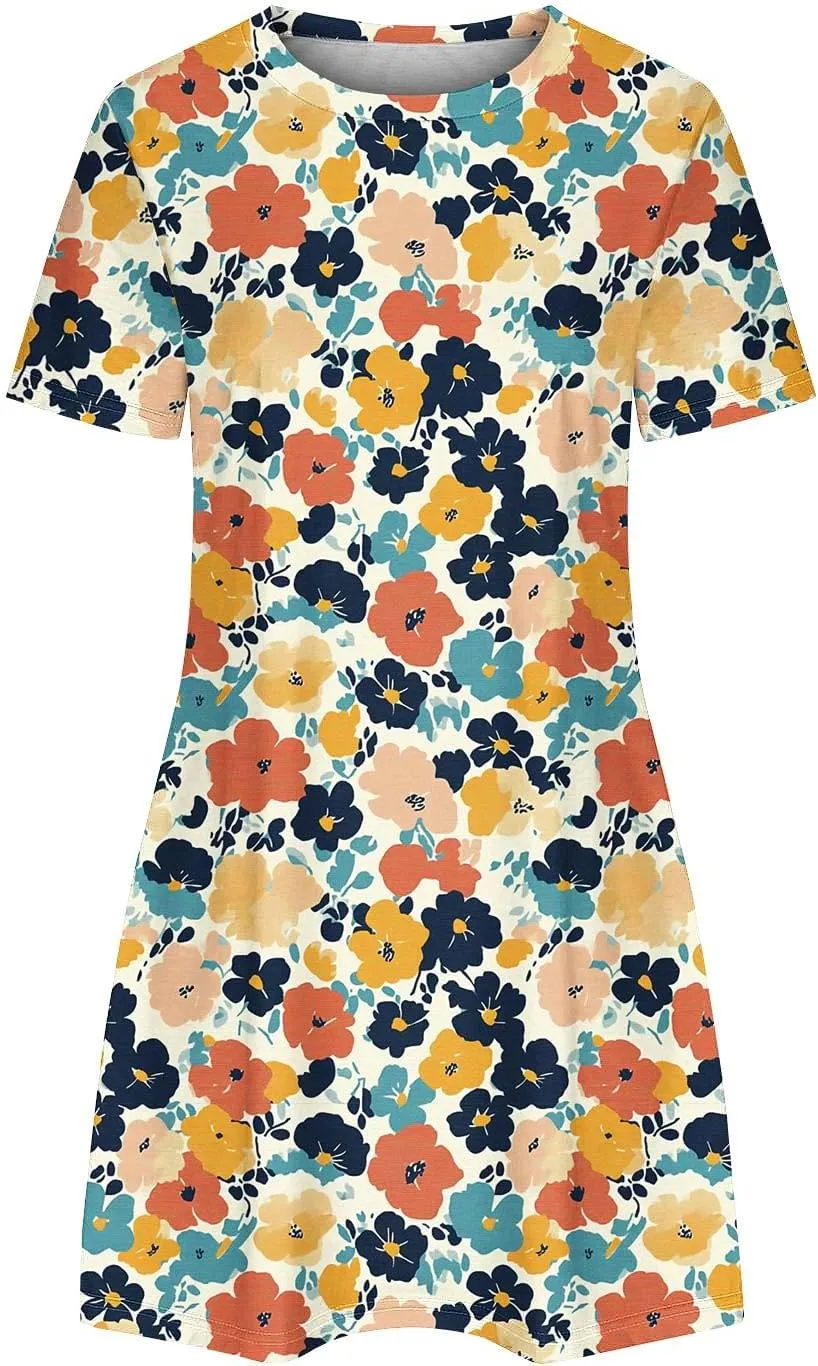 Women's Casual Tshirt Dress Fashion Floral Print Round Neck Short Sleeve Loose Dresses Summer Lightweight Loungewear