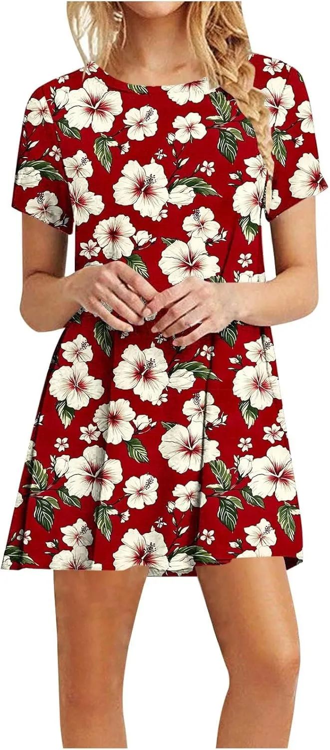 Women's Casual Tshirt Dress Fashion Floral Print Round Neck Short Sleeve Loose Dresses Summer Lightweight Loungewear