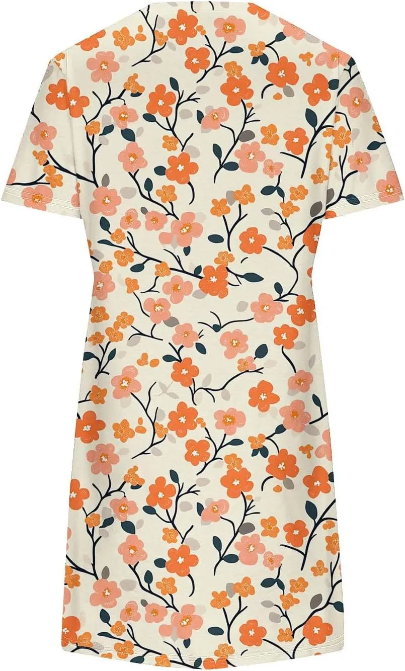 Women's Casual Tshirt Dress Fashion Floral Print Round Neck Short Sleeve Loose Dresses Summer Lightweight Loungewear