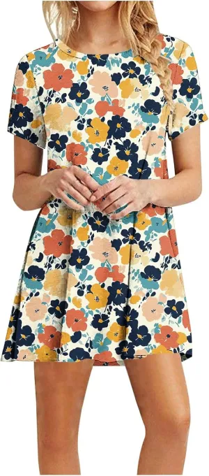 Women's Casual Tshirt Dress Fashion Floral Print Round Neck Short Sleeve Loose Dresses Summer Lightweight Loungewear
