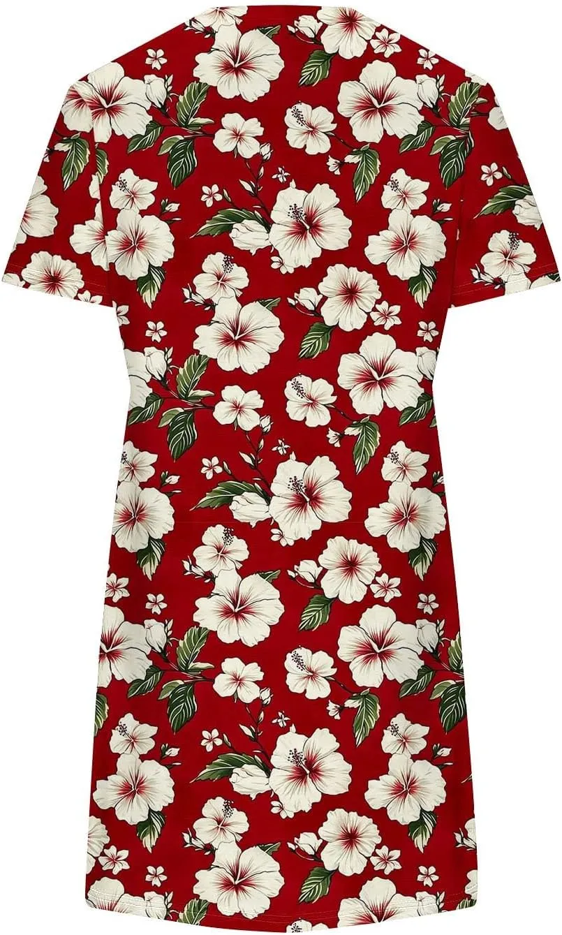 Women's Casual Tshirt Dress Fashion Floral Print Round Neck Short Sleeve Loose Dresses Summer Lightweight Loungewear