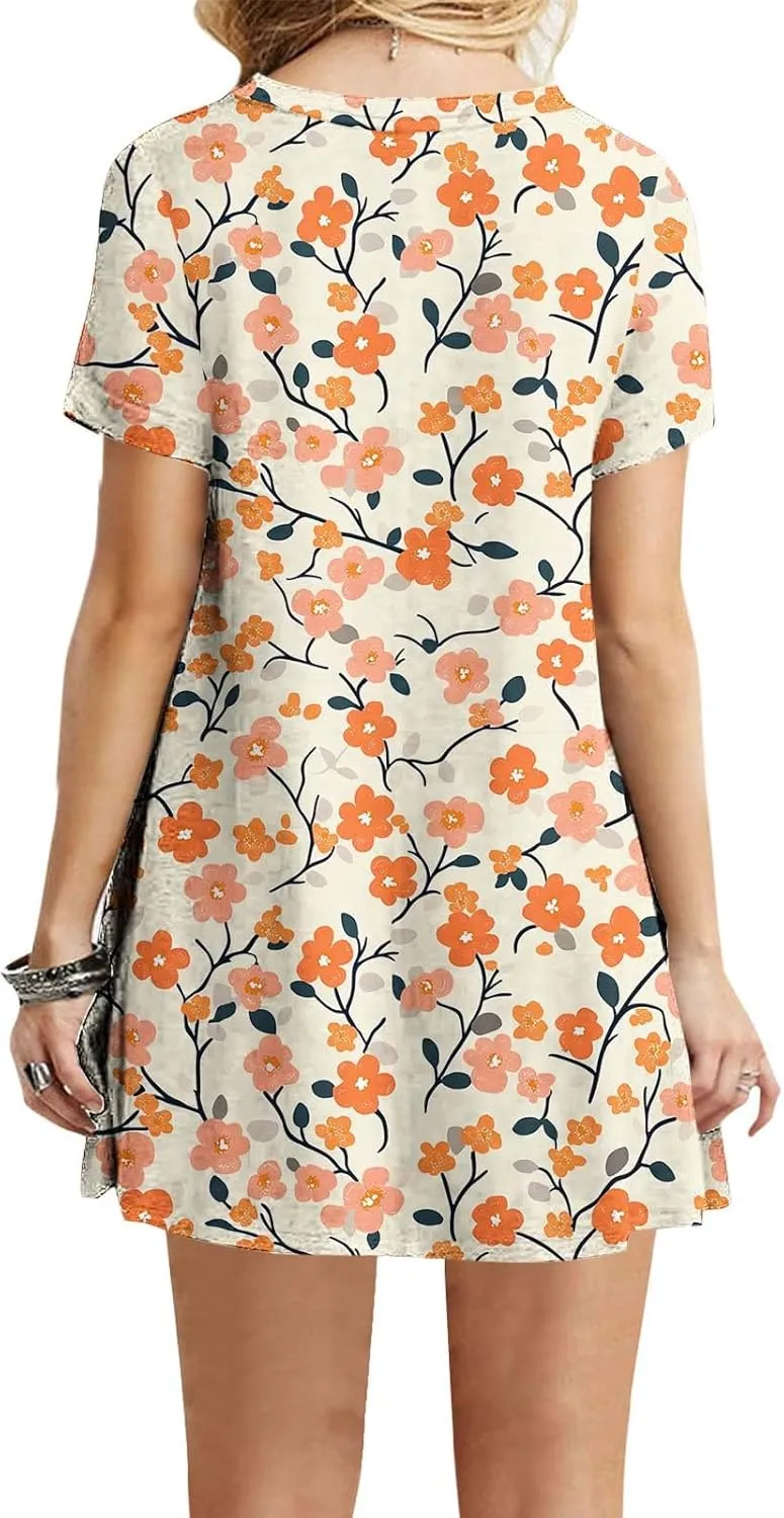 Women's Casual Tshirt Dress Fashion Floral Print Round Neck Short Sleeve Loose Dresses Summer Lightweight Loungewear