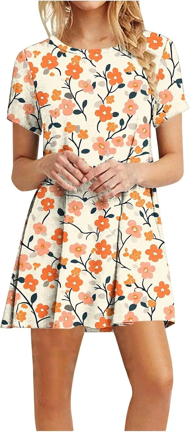 Women's Casual Tshirt Dress Fashion Floral Print Round Neck Short Sleeve Loose Dresses Summer Lightweight Loungewear