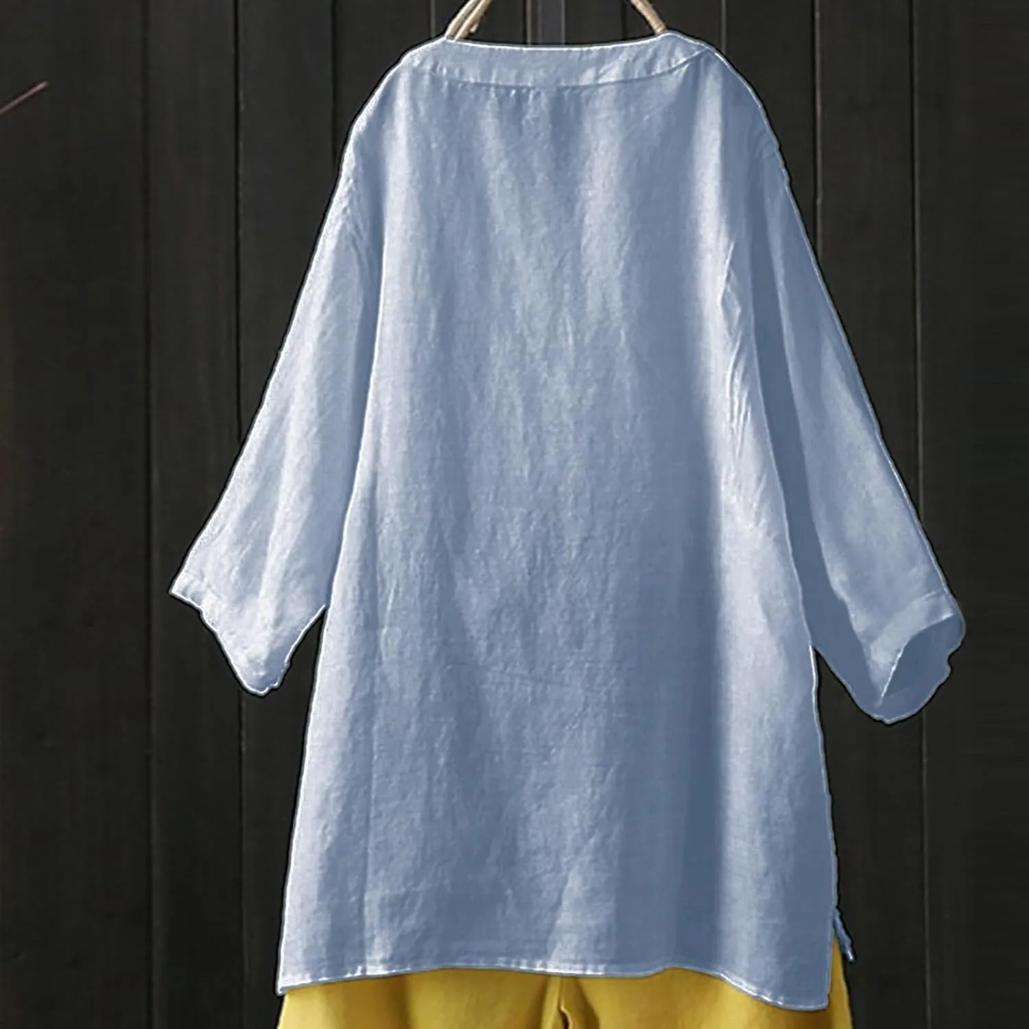 Womens Cotton Linen Shirts Solid Color 3/4 Sleeve Tunic Tops Oversized Tshirts for Women Casual V Neck Dressy Blouses