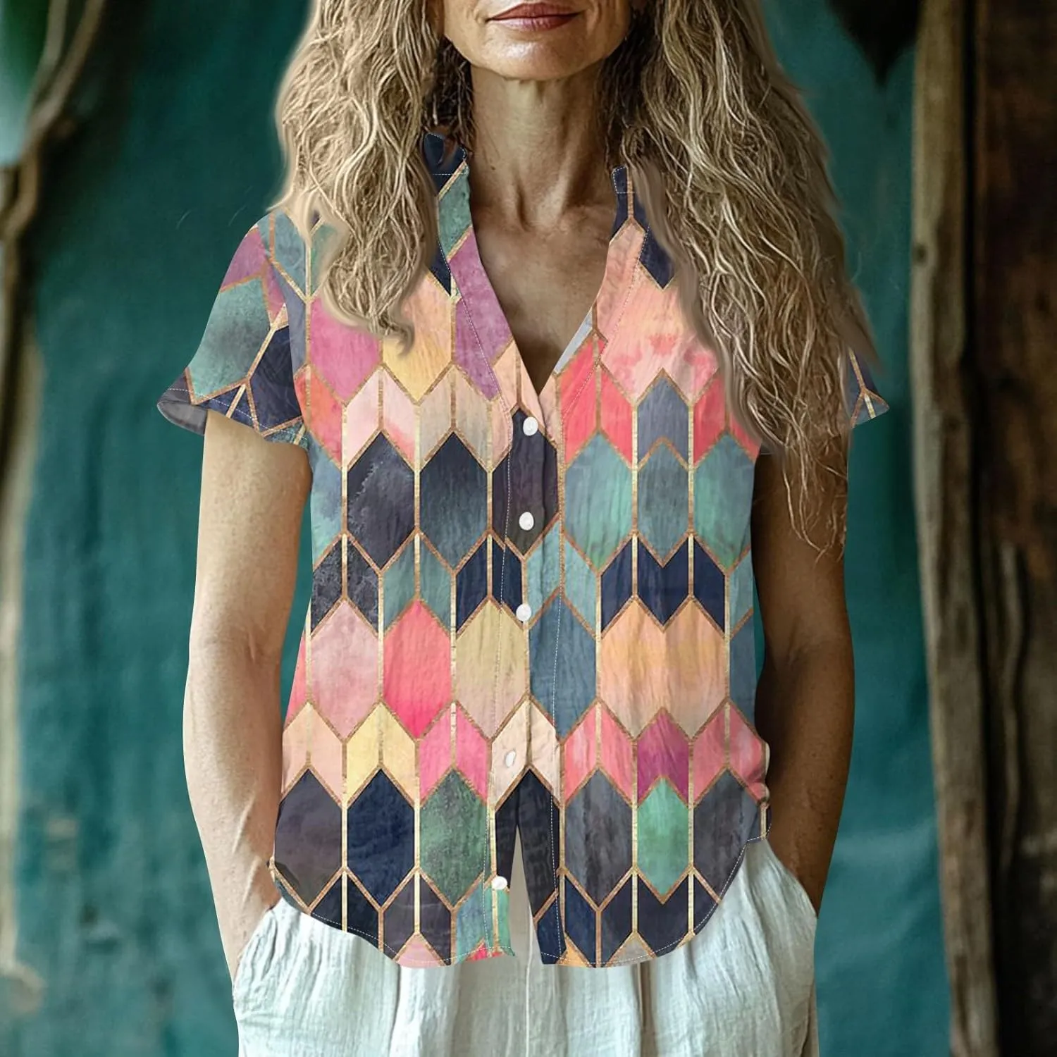 Womens Cotton Linen Short Sleeve Tops Trendy Casual Printed Button Down Shirts Summer Fashion Business Blouses Tops