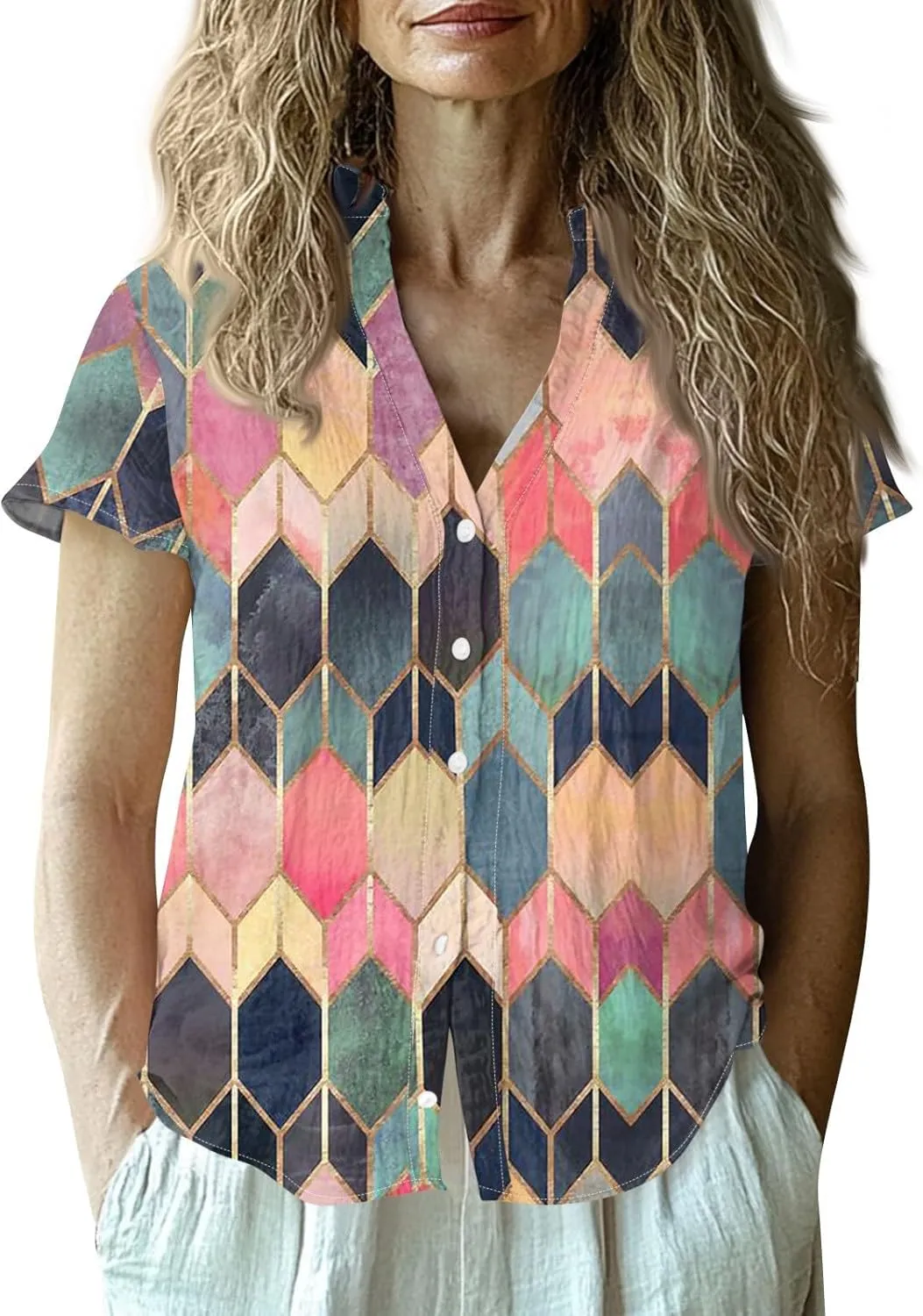 Womens Cotton Linen Short Sleeve Tops Trendy Casual Printed Button Down Shirts Summer Fashion Business Blouses Tops