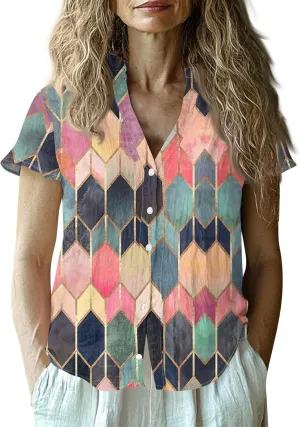 Womens Cotton Linen Short Sleeve Tops Trendy Casual Printed Button Down Shirts Summer Fashion Business Blouses Tops