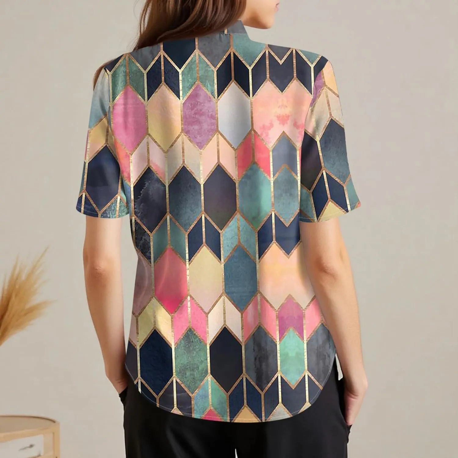 Womens Cotton Linen Short Sleeve Tops Trendy Casual Printed Button Down Shirts Summer Fashion Business Blouses Tops