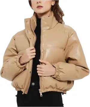 Women's Cropped Leather Puffer Jacket Quilted Short Down Coat Winter Warm Oversized Snow Outerwear Bomber Jackets