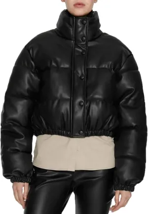 Women's Cropped Leather Puffer Jacket Quilted Short Down Coat Winter Warm Oversized Snow Outerwear Bomber Jackets