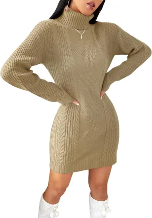 Womens Cute Turtleneck Cable Knit Sweater Dress Fall 2024 Dressy Casual Lightweight Slim Fit Mini Dresses