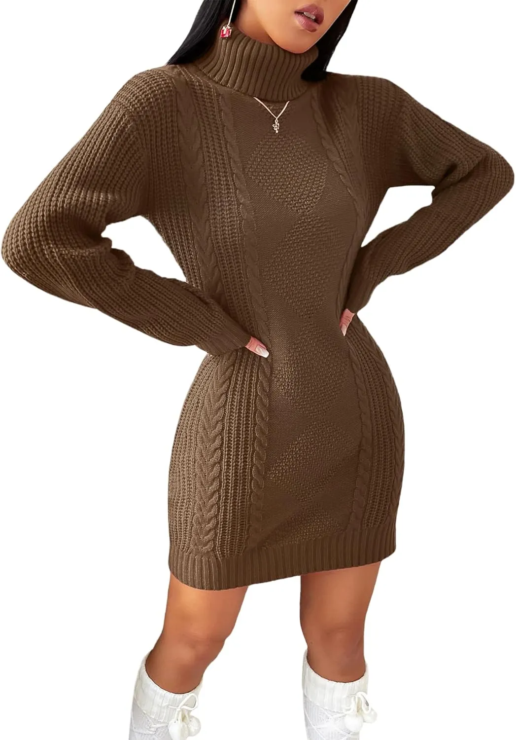 Womens Cute Turtleneck Cable Knit Sweater Dress Fall 2024 Dressy Casual Lightweight Slim Fit Mini Dresses
