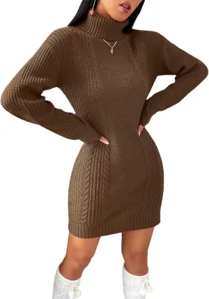 Womens Cute Turtleneck Cable Knit Sweater Dress Fall 2024 Dressy Casual Lightweight Slim Fit Mini Dresses