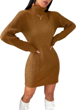 Womens Cute Turtleneck Cable Knit Sweater Dress Fall 2024 Dressy Casual Lightweight Slim Fit Mini Dresses